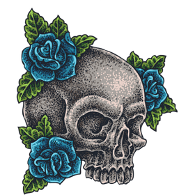 Переводная татуировка "Череп с синими розами"